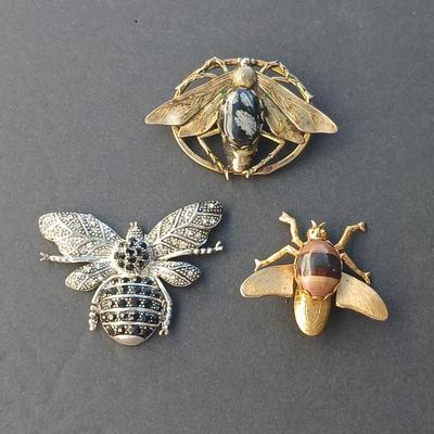 Three vintage bug brooches with gemstone & rhinestone bodies - Snowflake Obsidian -