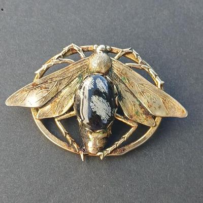 Three vintage bug brooches with gemstone & rhinestone bodies - Snowflake Obsidian -