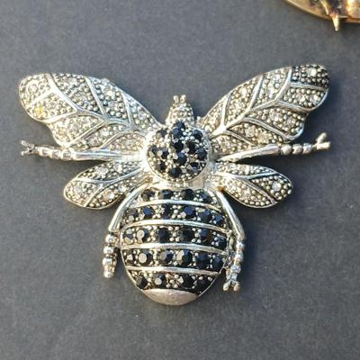 Three vintage bug brooches with gemstone & rhinestone bodies - Snowflake Obsidian -