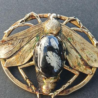 Three vintage bug brooches with gemstone & rhinestone bodies - Snowflake Obsidian -