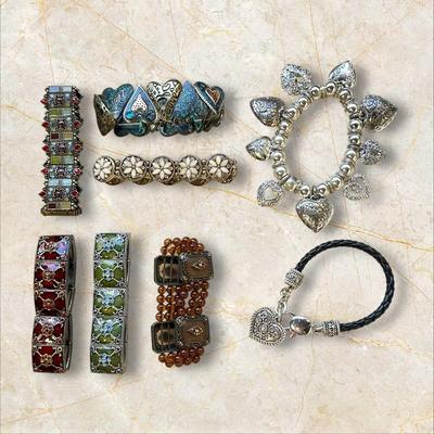 Costume Jewelry Lot of 8 Bracelets- Hearts, Flowers, Art Nouveau / Boho