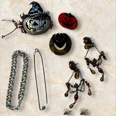 Costume Jewelry Lot - Black and Silver #1 Necklaces, Bracelets, Pins, Earrings +Jack-o-Lanterns!