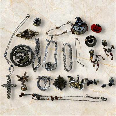 Costume Jewelry Lot - Black and Silver #1 Necklaces, Bracelets, Pins, Earrings +Jack-o-Lanterns!