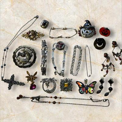 Costume Jewelry Lot - Black and Silver #1 Necklaces, Bracelets, Pins, Earrings +Jack-o-Lanterns!