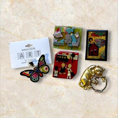 Jewelry Lot of 4 Fun Pins by Lucinda (3) + Wearable Art Butterfly Pendant