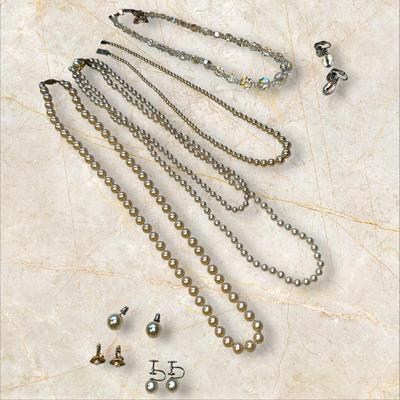 Jewelry Lot of Vintage Pearl Necklaces and Earrings +Crystalish Set