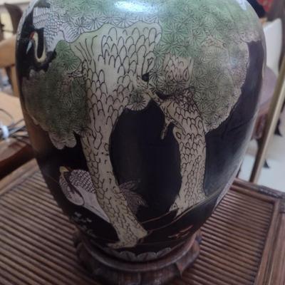 Sale Photo Thumbnail #2320: Vintage MCM Chinoiserie Ceramic Jar Post Table Lamp
