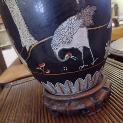 Sale Photo Thumbnail #2321: Vintage MCM Chinoiserie Ceramic Jar Post Table Lamp