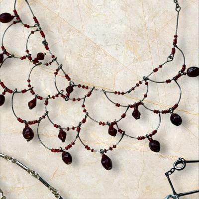 Costume Jewelry Lot of Silver, Black, with Red Mixed Pieces
