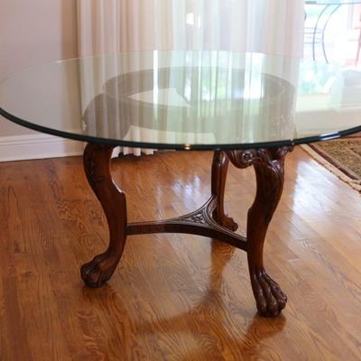 Maitland-Smith Carved Mahogany Glass Top Dining Table with Six Chairs