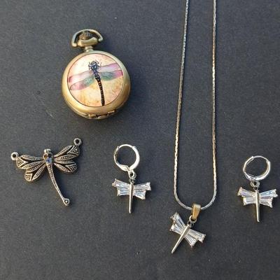 Dragonfly pocket watch with Necklace & earring set and a dragonfly pendant