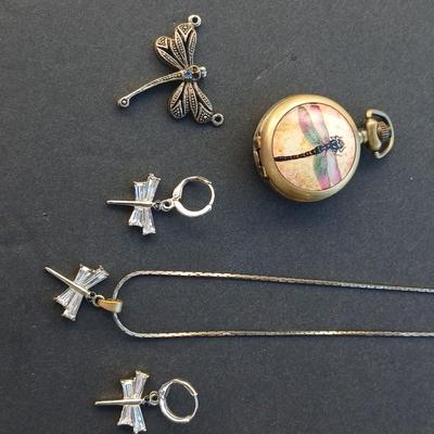 Dragonfly pocket watch with Necklace & earring set and a dragonfly pendant