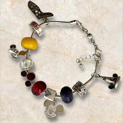 Disney Charm Bracelet With Lots of Charms & A Fancy Charm of Mickey's Hat