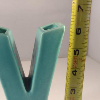 Sale Photo Thumbnail #300: Antique Poppy Trail Pottery WWII 'V is for Victory' Vase- Approx 6" Tall.  Item has large chip at top- please see all pictures.