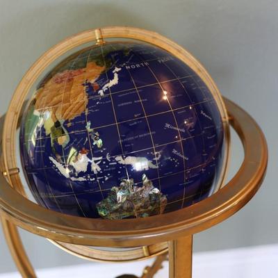Floor Standing Blue Lapis Gemstone World Globe Gold Tripod