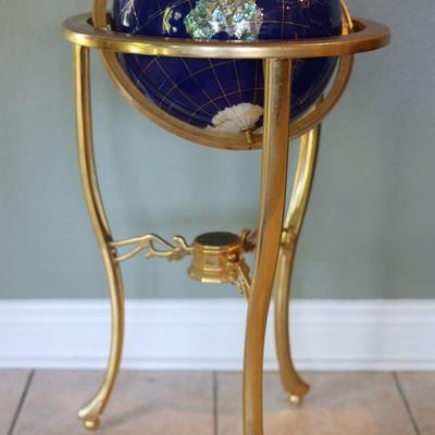 Floor Standing Blue Lapis Gemstone World Globe Gold Tripod