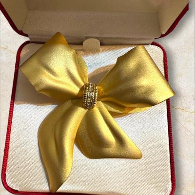 Costume Jewelry Gold Big Bow Pin with Sparkles from Lord & Taylor in Box
