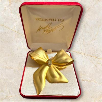 Costume Jewelry Gold Big Bow Pin with Sparkles from Lord & Taylor in Box