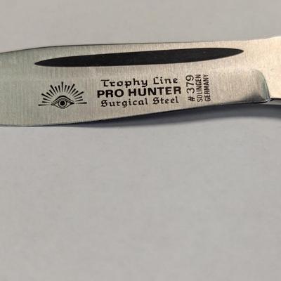 Vintage Trophy Line Pro Hunter 379 Solingen Germany Knife w/ Leather Sheath