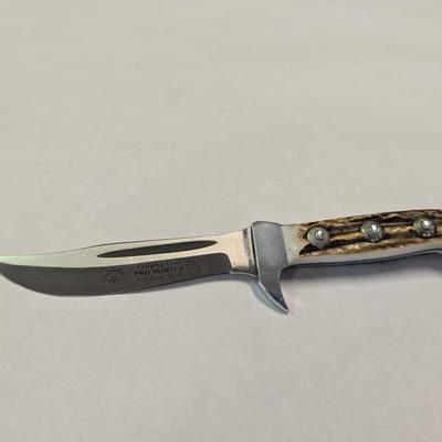 Vintage Trophy Line Pro Hunter 379 Solingen Germany Knife w/ Leather Sheath