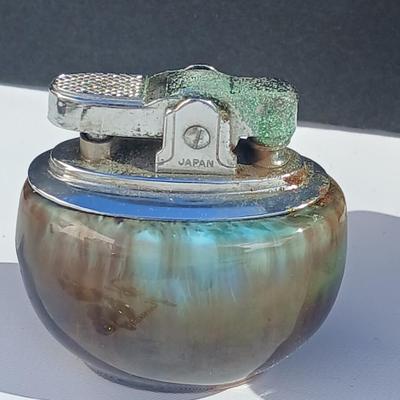 Neat variety of Curio keepsakes - ceramic table lighter - Pill box - vintage tape measure - pocketknife - Burrough's Adding Machine...
