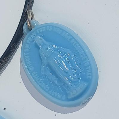 Variety of necklaces, rings, and three Virgin Mary Blue Miraculous pendants