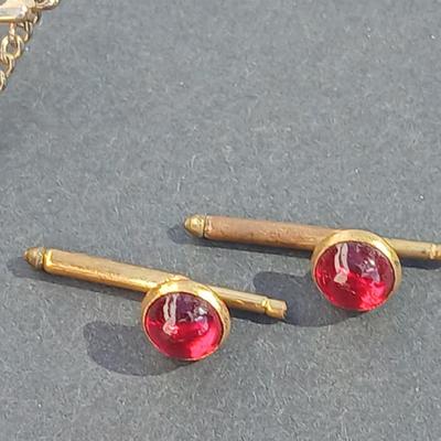 Vintage 1940's red Lucite deco cufflinks and matching shirt studs - with a Blue swinging tie clasp