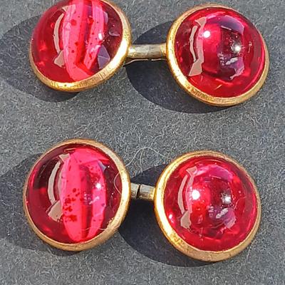 Vintage 1940's red Lucite deco cufflinks and matching shirt studs - with a Blue swinging tie clasp