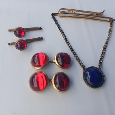 Vintage 1940's red Lucite deco cufflinks and matching shirt studs - with a Blue swinging tie clasp
