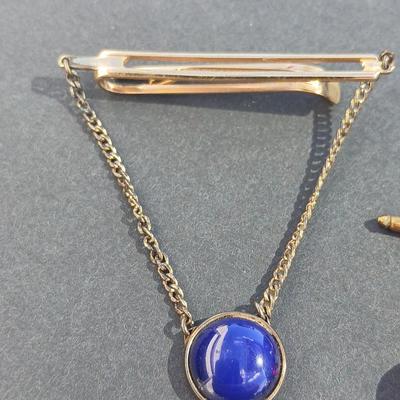 Vintage 1940's red Lucite deco cufflinks and matching shirt studs - with a Blue swinging tie clasp