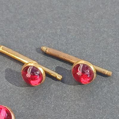 Vintage 1940's red Lucite deco cufflinks and matching shirt studs - with a Blue swinging tie clasp