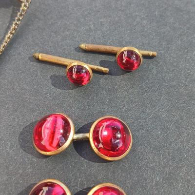 Vintage 1940's red Lucite deco cufflinks and matching shirt studs - with a Blue swinging tie clasp