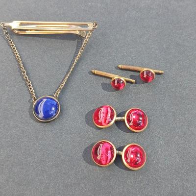 Vintage 1940's red Lucite deco cufflinks and matching shirt studs - with a Blue swinging tie clasp