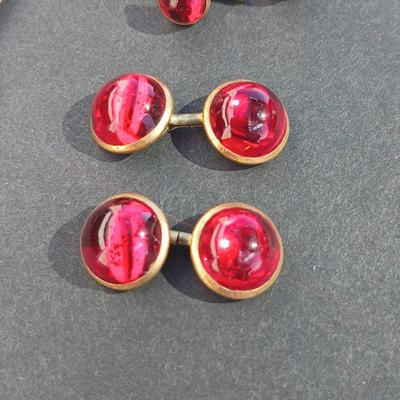 Vintage 1940's red Lucite deco cufflinks and matching shirt studs - with a Blue swinging tie clasp
