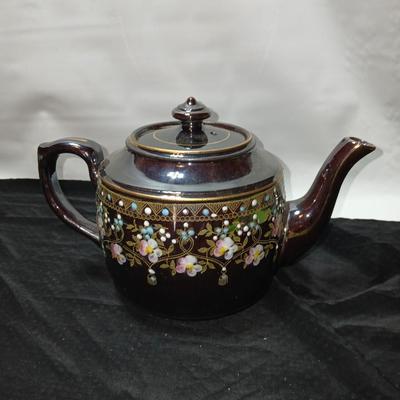 Beautiful Vintage Samuel Johnson Burslem (SJB) Teapot with hand-painted floral design with raised colored dots and gold accents 1887-1912