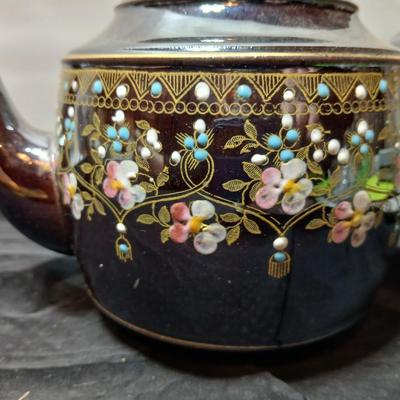 Beautiful Vintage Samuel Johnson Burslem (SJB) Teapot with hand-painted floral design with raised colored dots and gold accents 1887-1912