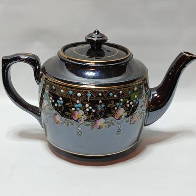 Beautiful Vintage Samuel Johnson Burslem (SJB) Teapot with hand-painted floral design with raised colored dots and gold accents 1887-1912