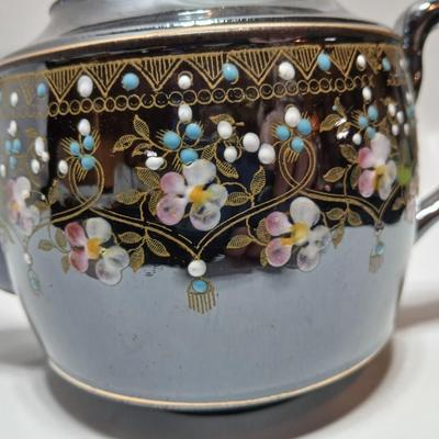 Beautiful Vintage Samuel Johnson Burslem (SJB) Teapot with hand-painted floral design with raised colored dots and gold accents 1887-1912