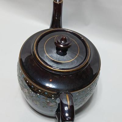 Beautiful Vintage Samuel Johnson Burslem (SJB) Teapot with hand-painted floral design with raised colored dots and gold accents 1887-1912