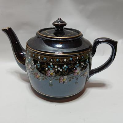 Beautiful Vintage Samuel Johnson Burslem (SJB) Teapot with hand-painted floral design with raised colored dots and gold accents 1887-1912