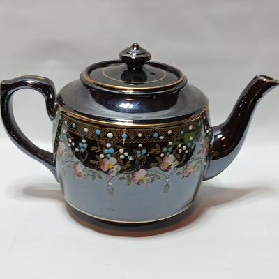 Beautiful Vintage Samuel Johnson Burslem (SJB) Teapot with hand-painted floral design with raised colored dots and gold accents 1887-1912