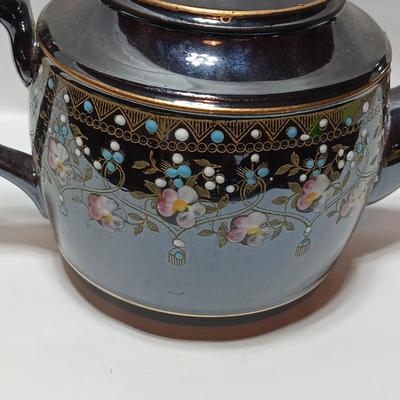 Beautiful Vintage Samuel Johnson Burslem (SJB) Teapot with hand-painted floral design with raised colored dots and gold accents 1887-1912