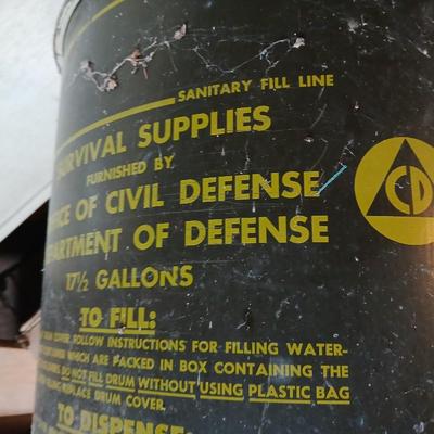 Vintage Civil Defense Survival Supplies Metal Can Container Cold War Memorabilia Green Drinking Water Drum WW2
