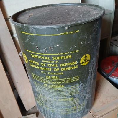 Vintage Civil Defense Survival Supplies Metal Can Container Cold War Memorabilia Green Drinking Water Drum WW2