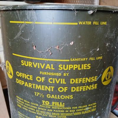 Vintage Civil Defense Survival Supplies Metal Can Container Cold War Memorabilia Green Drinking Water Drum WW2