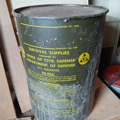 Vintage Civil Defense Survival Supplies Metal Can Container Cold War Memorabilia Green Drinking Water Drum WW2