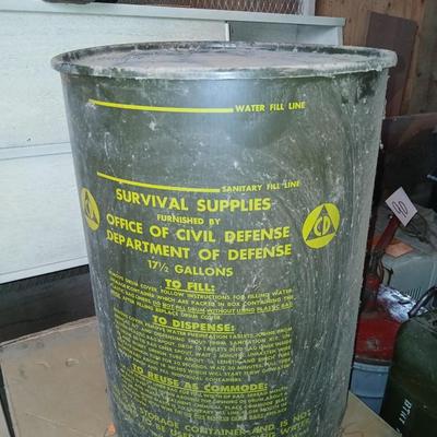 Vintage Civil Defense Survival Supplies Metal Can Container Cold War Memorabilia Green Drinking Water Drum WW2