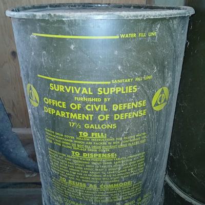 Vintage Civil Defense Survival Supplies Metal Can Container Cold War Memorabilia Green Drinking Water Drum WW2