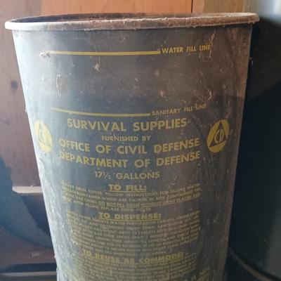 Vintage Civil Defense Survival Supplies Metal Can Container Cold War Memorabilia Green Drinking Water Drum WW2