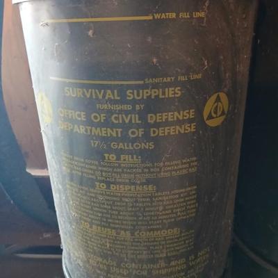 Vintage Civil Defense Survival Supplies Metal Can Container Cold War Memorabilia Green Drinking Water Drum WW2